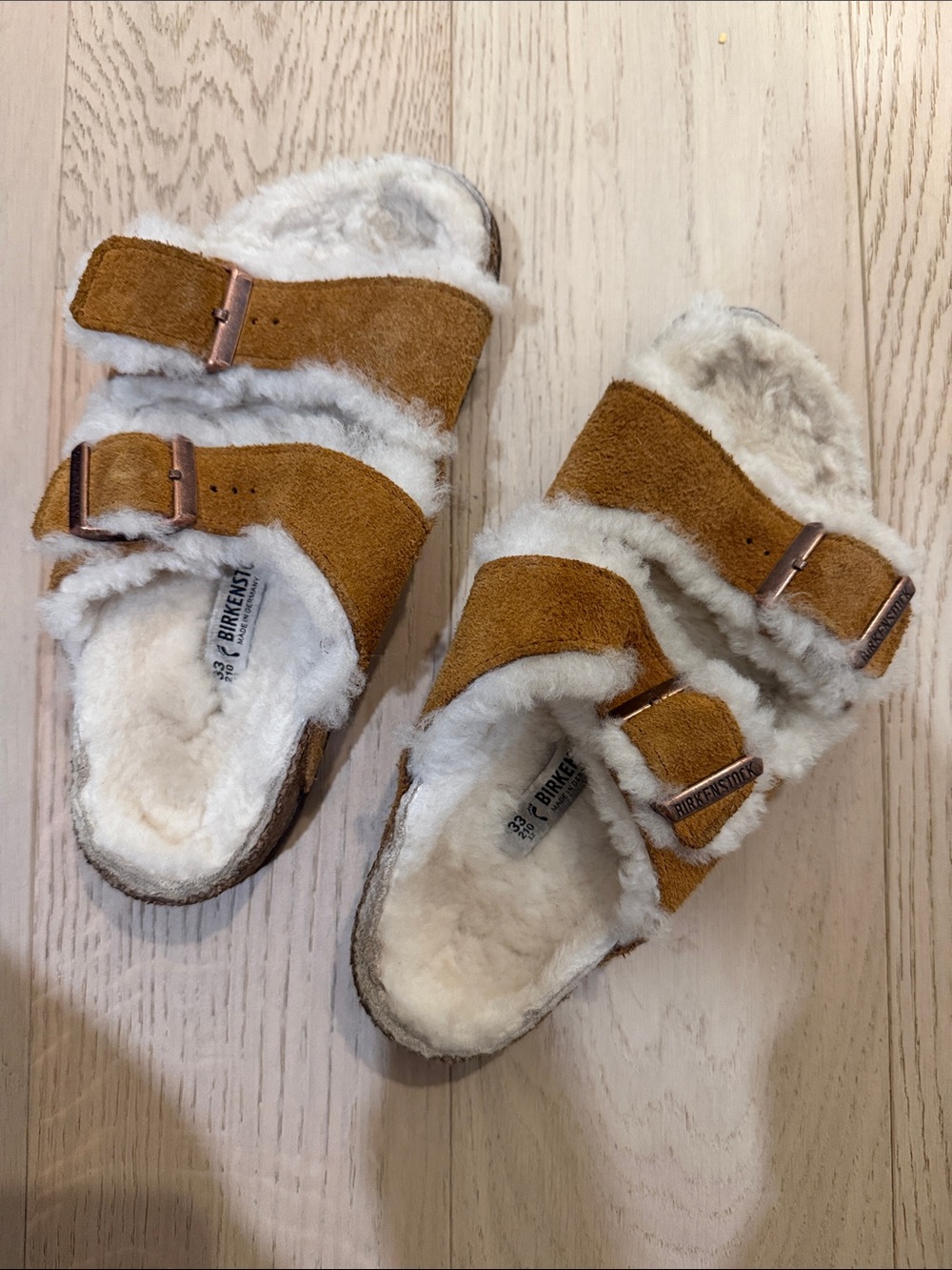 Birkenstock Kids Chestnut Suede Double Strap Shearling Slippers